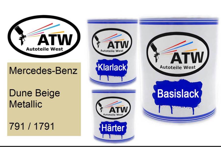 Mercedes-Benz, Dune Beige Metallic, 791 / 1791: 1L Lackdose + 1L Klarlack + 500ml Härter - Set, von ATW Autoteile West.